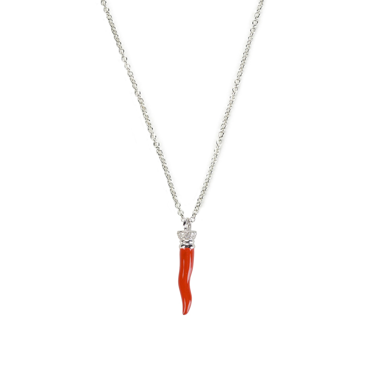 Pendente oro bianco con cornetto smalto rosso e brillanti