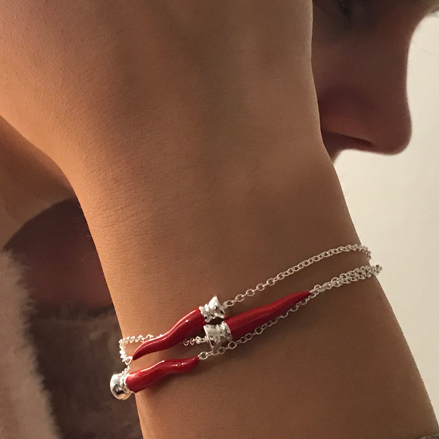 Bracciale argento con cornetto smalto rosso