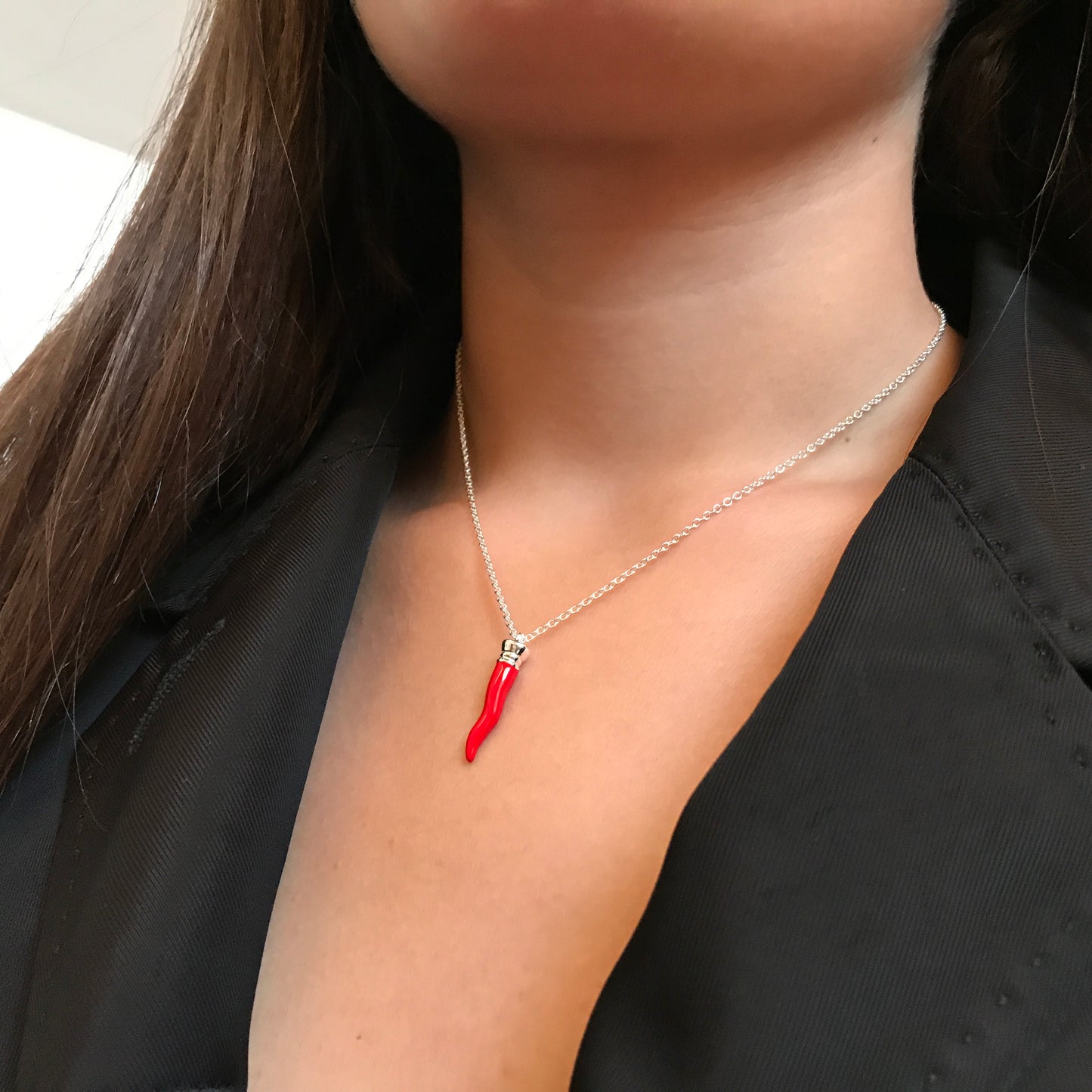 Collana argento con cornetto smalto rosso