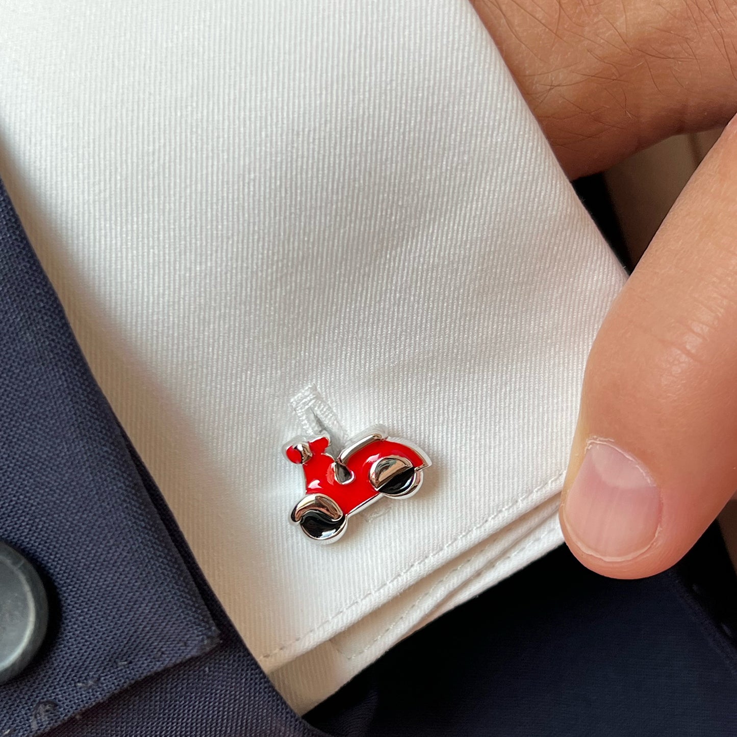 Vespa style scooter cufflinks in silver and red enamel