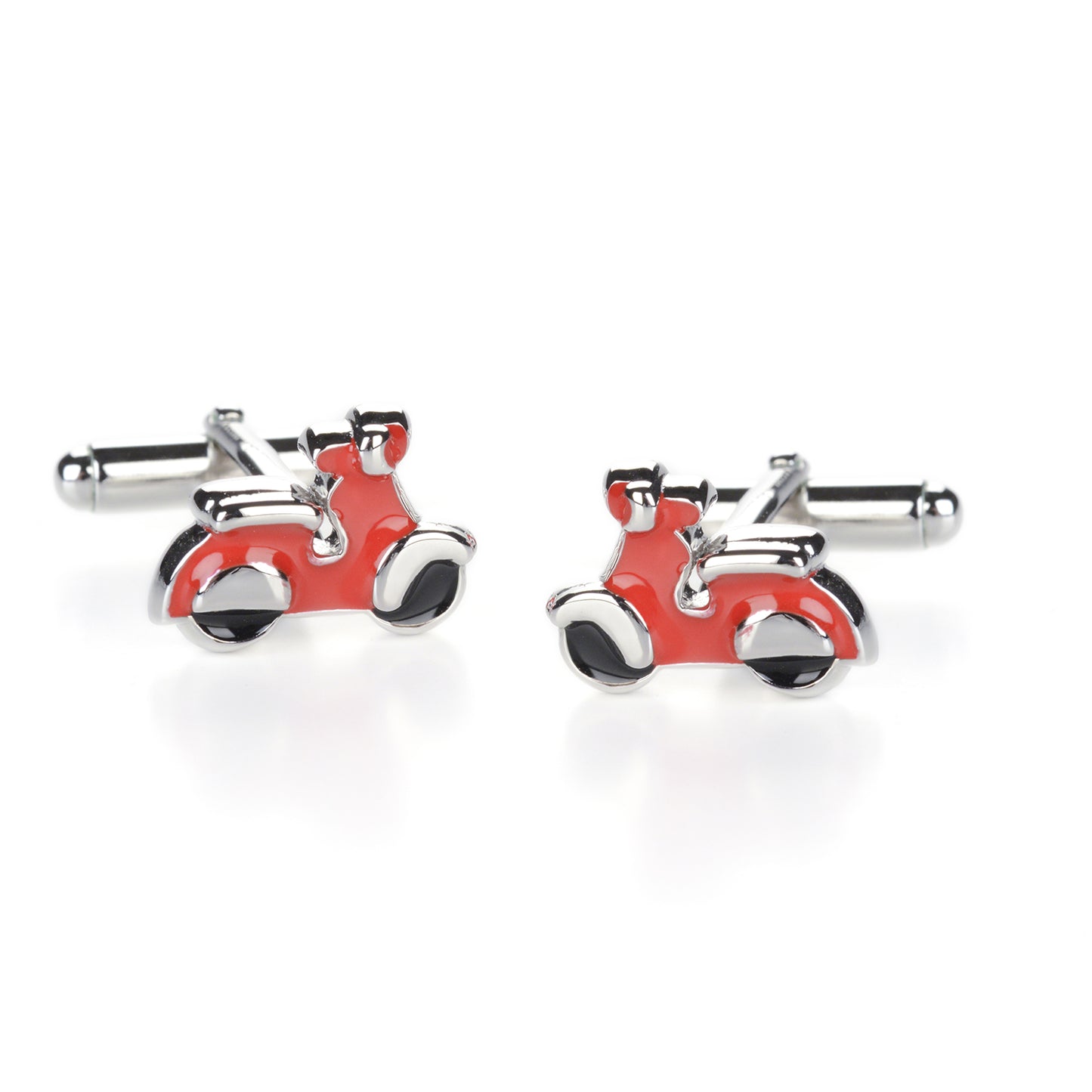 Vespa style scooter cufflinks in silver and red enamel