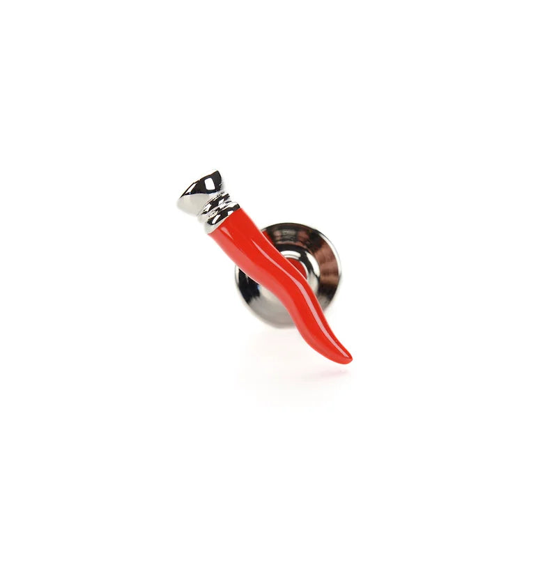 Red lucky horn pin in sterling silver and enamel