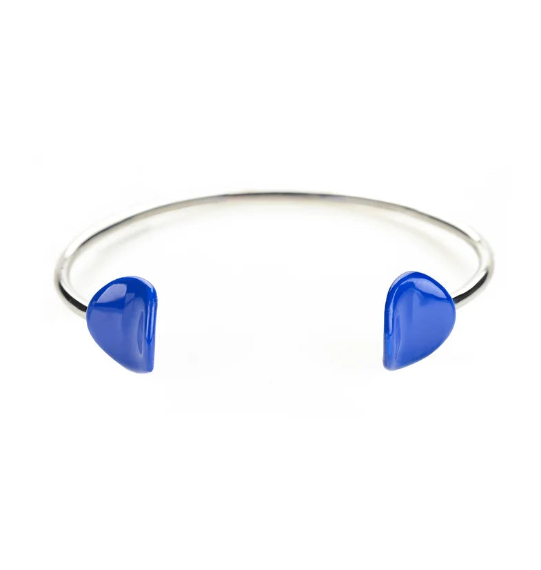 Silver cuff bracelet with enamel blue petals