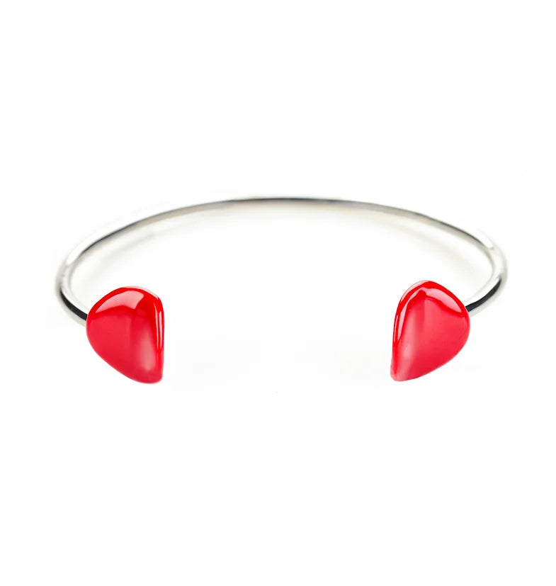 Silver cuff bracelet with red enamel petals