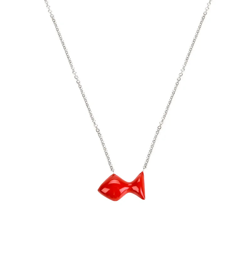 Red fish pendant necklace in silver and enamel