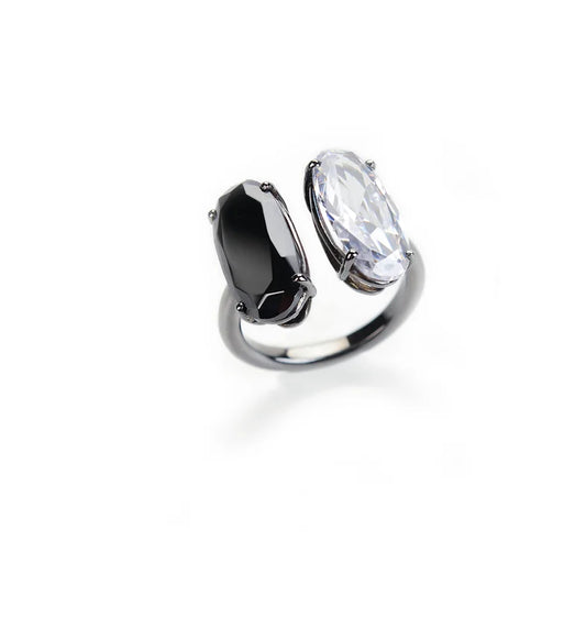 Open cuff ring with black and white zircons