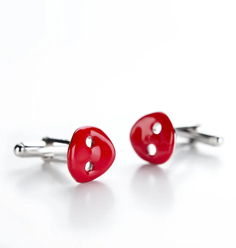 Button cufflinks in silver and red enamel