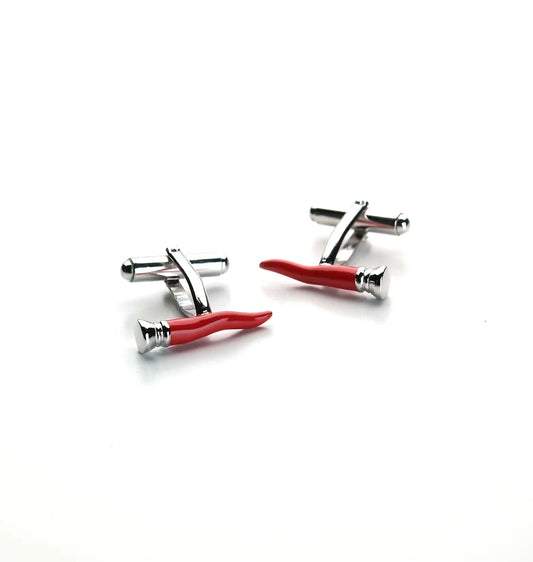 Red lucky horn cufflinks in silver and enamel