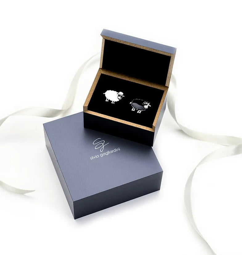 Sheep cufflinks in silver and black and white enamel