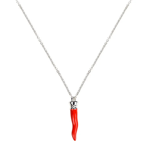Red lucky horn pendant in sterling silver and enamel