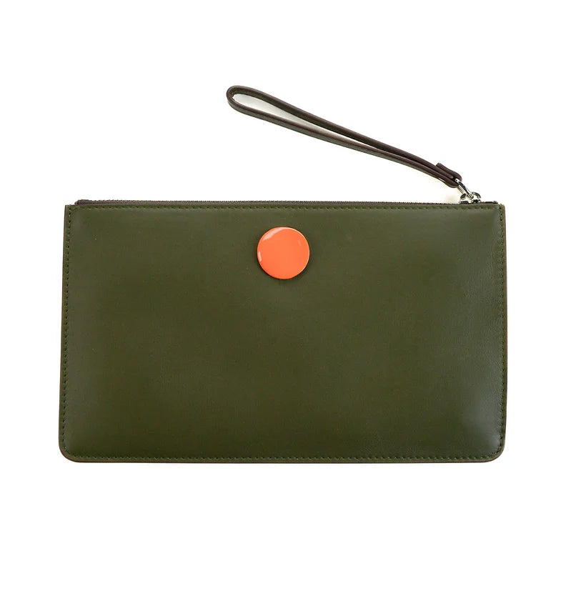 Clutch bag in green leather with silver and enamel detail