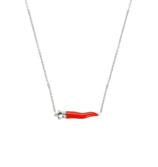 Red lucky horn necklace in silver and enamel