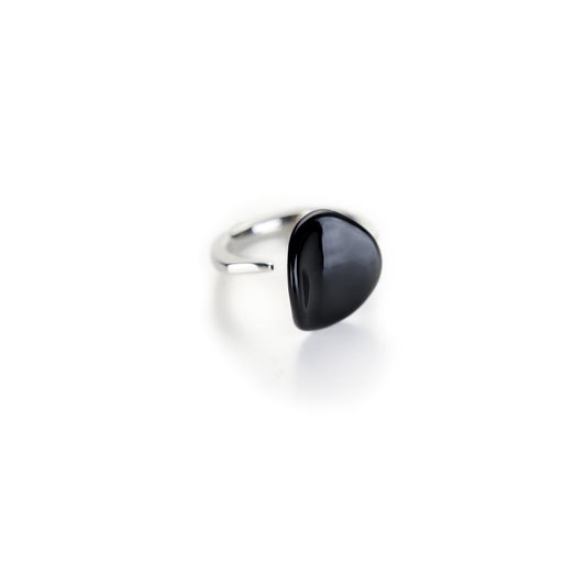 Open cuff ring in silver and black enamel