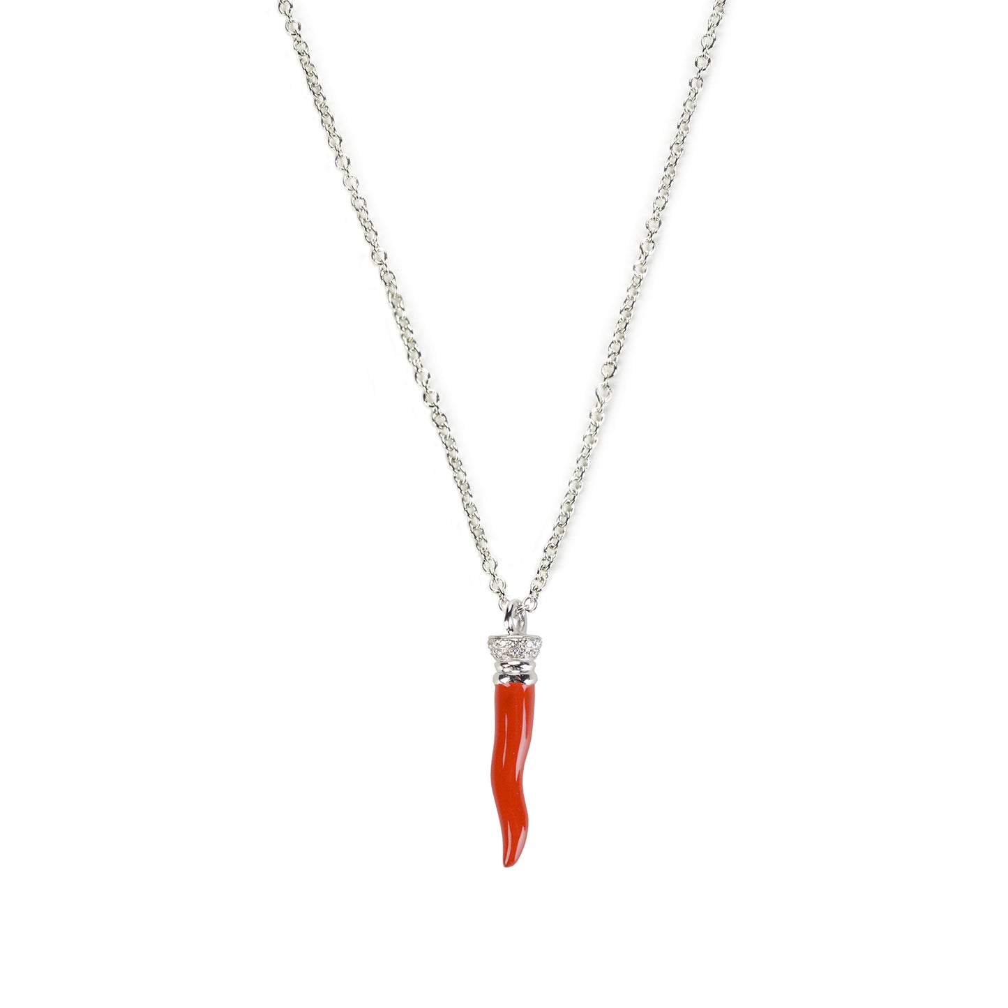 Red lucky horn pendant in white gold and diamonds