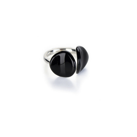 Open cuff ring in silver and black enamel