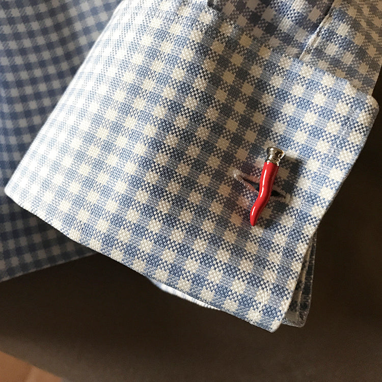 Red lucky horn cufflinks in silver and enamel