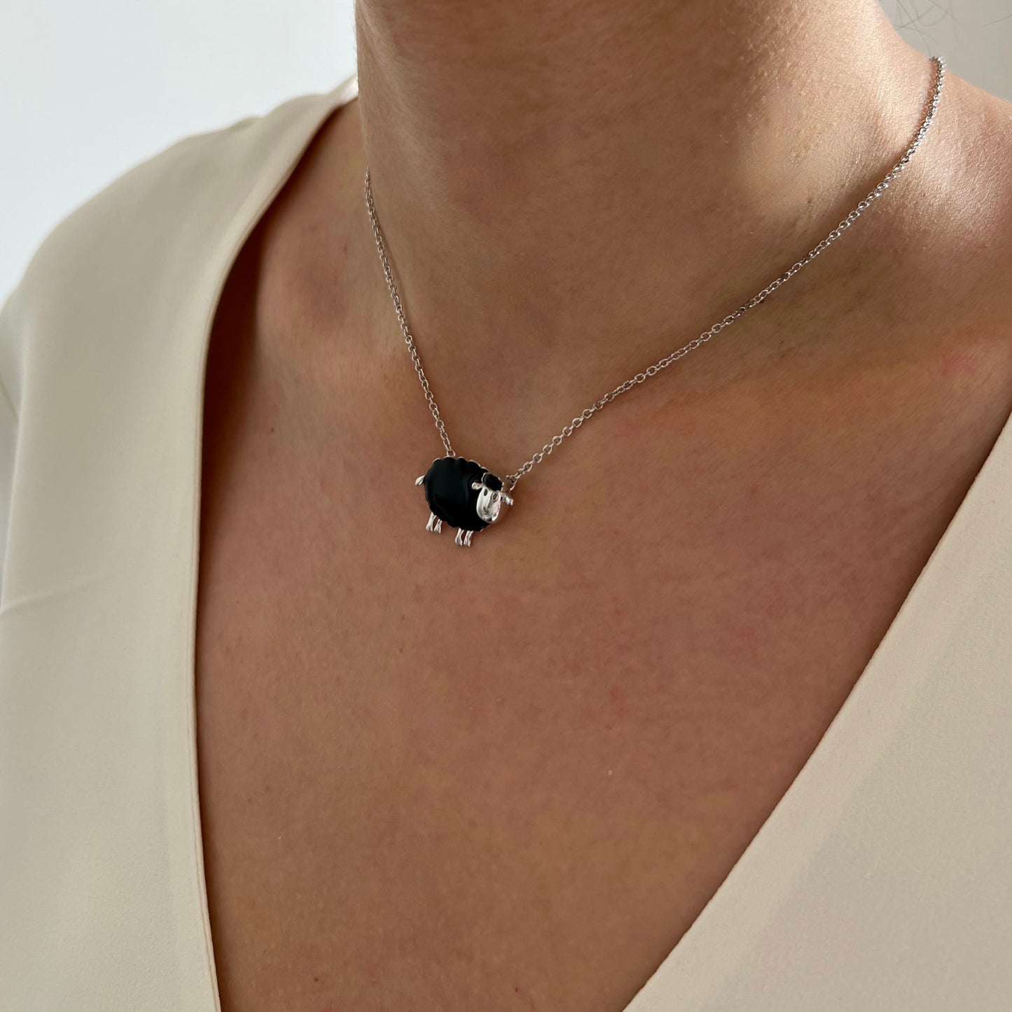 Black sheep necklace in silver and enamel
