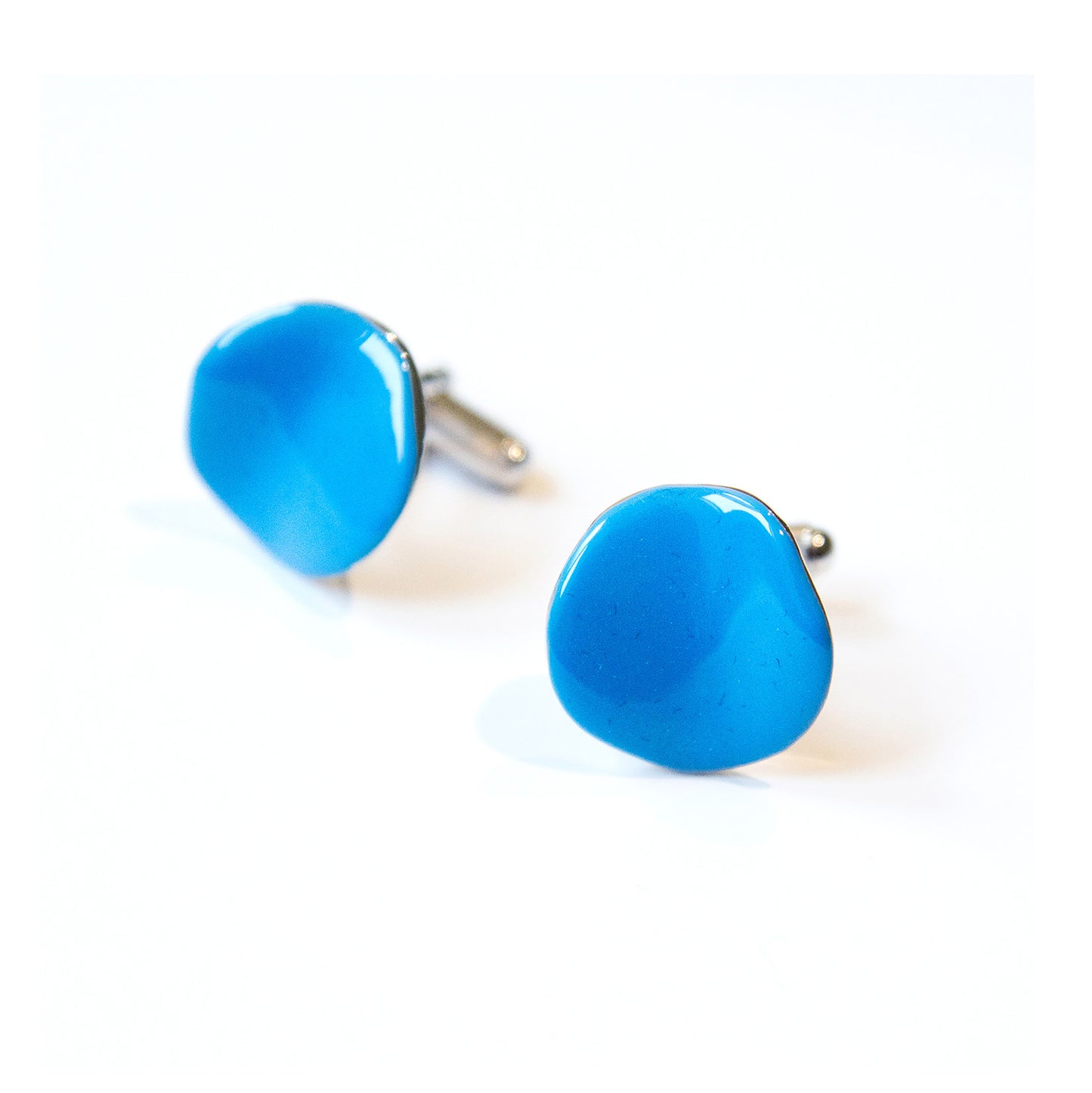 Round disc cufflinks in silver and light blue enamel